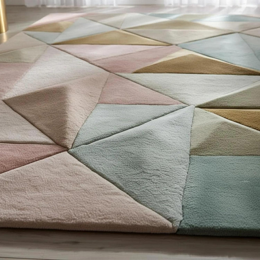 Modern Hand Tufted Wool Area Rug - Pastel Geometric Triangle Floor Carpet for Scandinavian Living Room, Bedroom