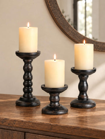 Solid Wood Pillar Candle Holder, Black, Set of 3, 8.3/5.9/3.9-in