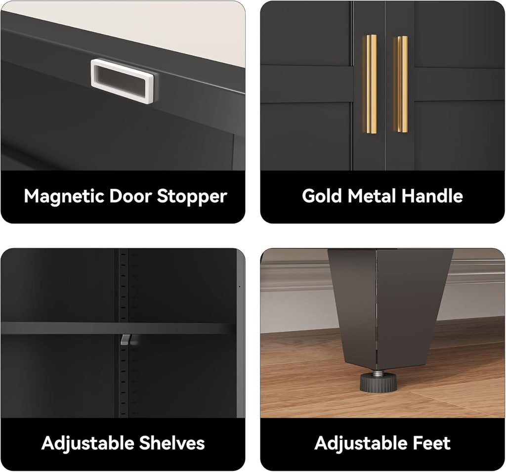 61" Metal Pantry Cabinet in Black, Modern Storage Cabinet with Adjustable Shelves, Sturdy Metal Cupboard Organization
