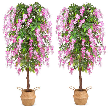 6ft Artificial Tree Plants, Fake Wisteria Tree with Woven Seagrass Basket for Indoor Outdoor Home Decor Office Living