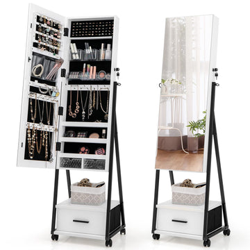 Rolling Jewelry Cabinet with Full Length Mirror, Lockable, White