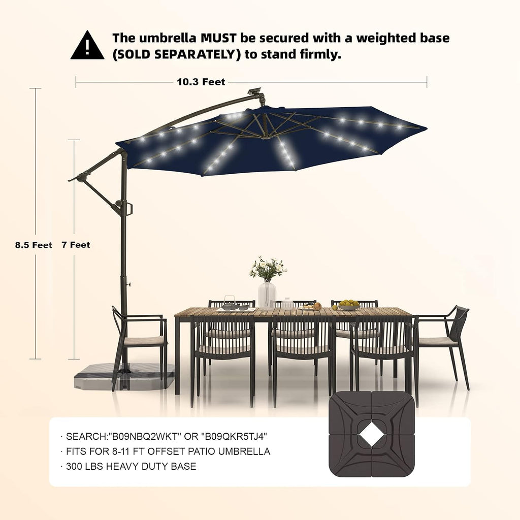 10ft Solar LED Offset Hanging Market Cantilever Patio Umbrella and Garden, Easy Tilt Adjustment