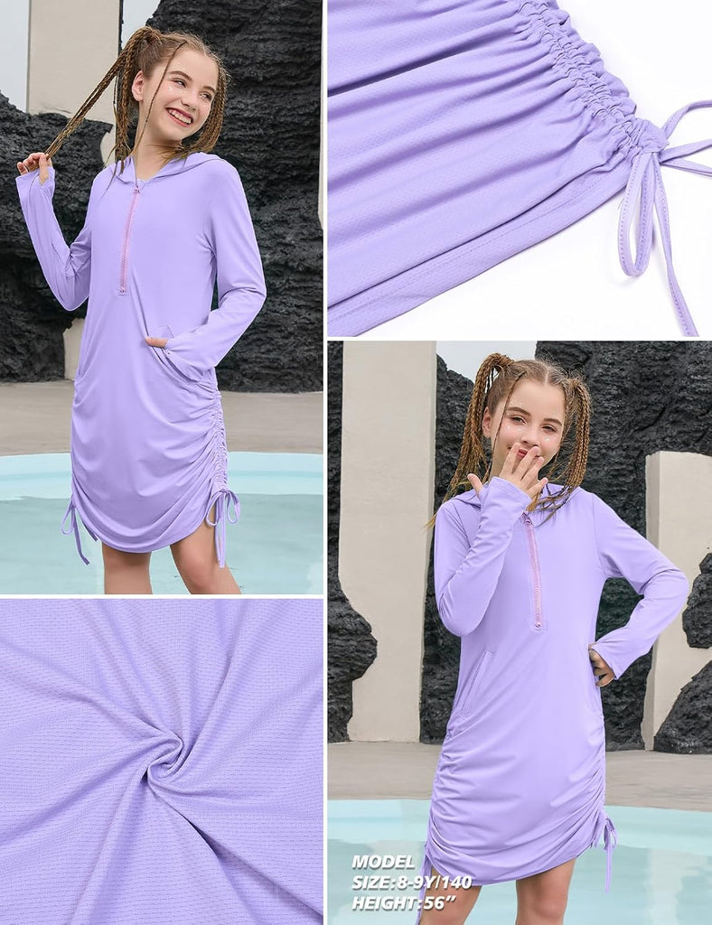 Girls Swim Cover Up Long Sleeve Hooded Zip Dress with Pockets