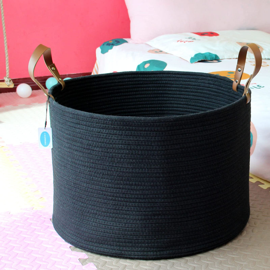XXXLarge Cotton Rope Basket - Woven Storage Basket with long Handle for Blankets, Towels and Pillows Laundry Hamper