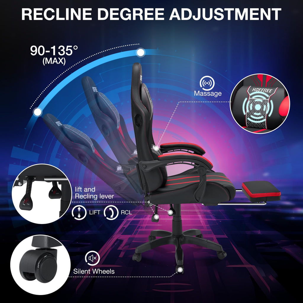 Gaming Chair with LED Lights Speakers Massage Big Tall Computer Chair-Red