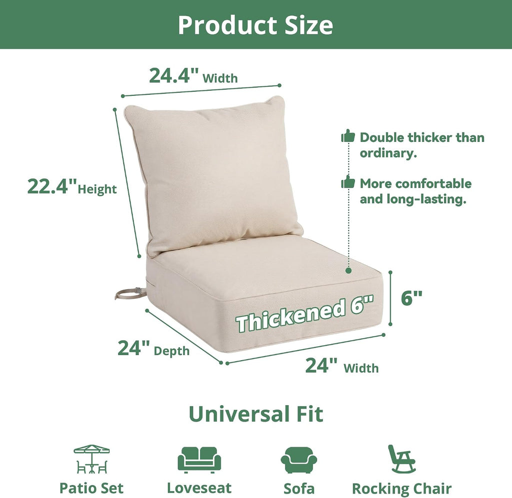 6" Thick Outdoor Cushion 24 x 24 Inch, Deep Seat Waterproof Patio Chair | Cushions with Adjustable Buckle Straps &