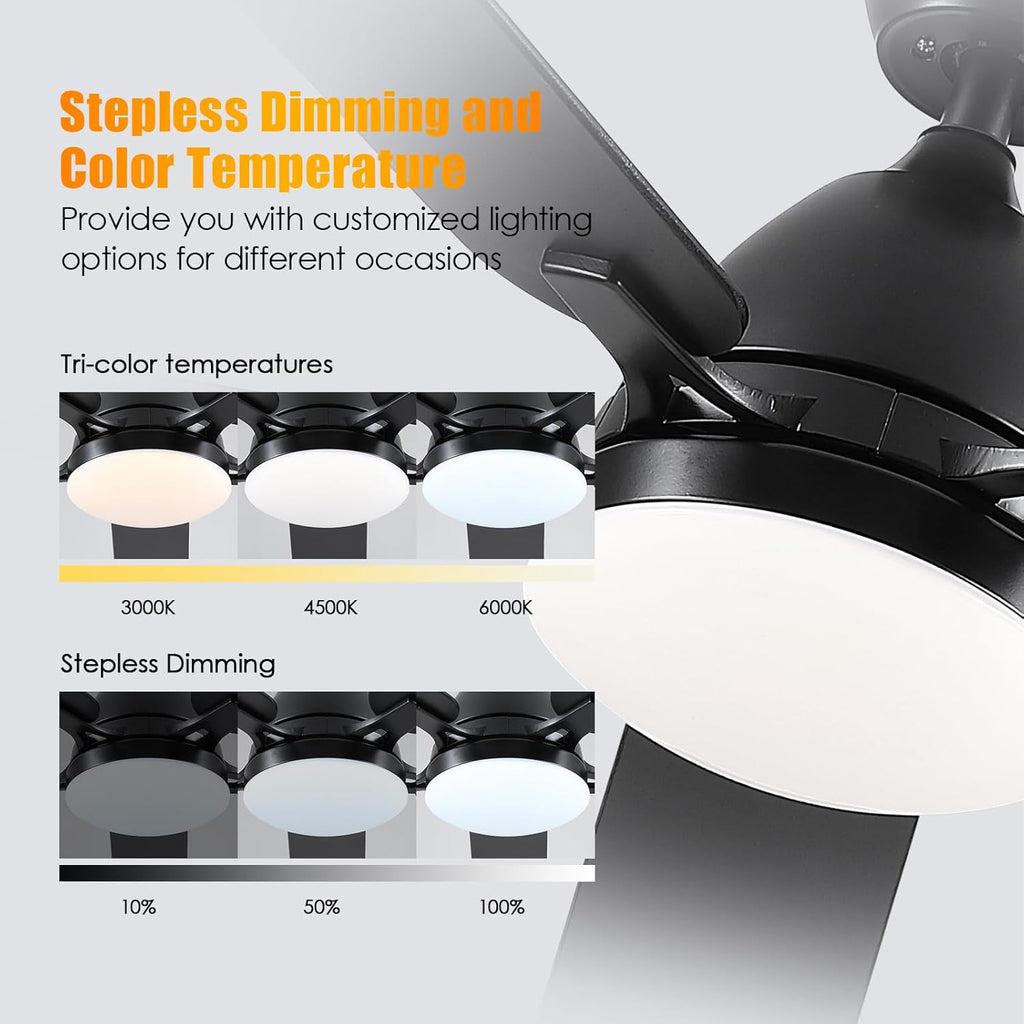 Ceiling Fans with Lights, 52 Inch Low Profile Ceiling Fan with Light and Remote Control,Reversible, 3CCT, Dimmable, Quiet, Black Ceiling Fan for Bedroom Indoor/Outdoor Use A101-B0D8BBWFL3