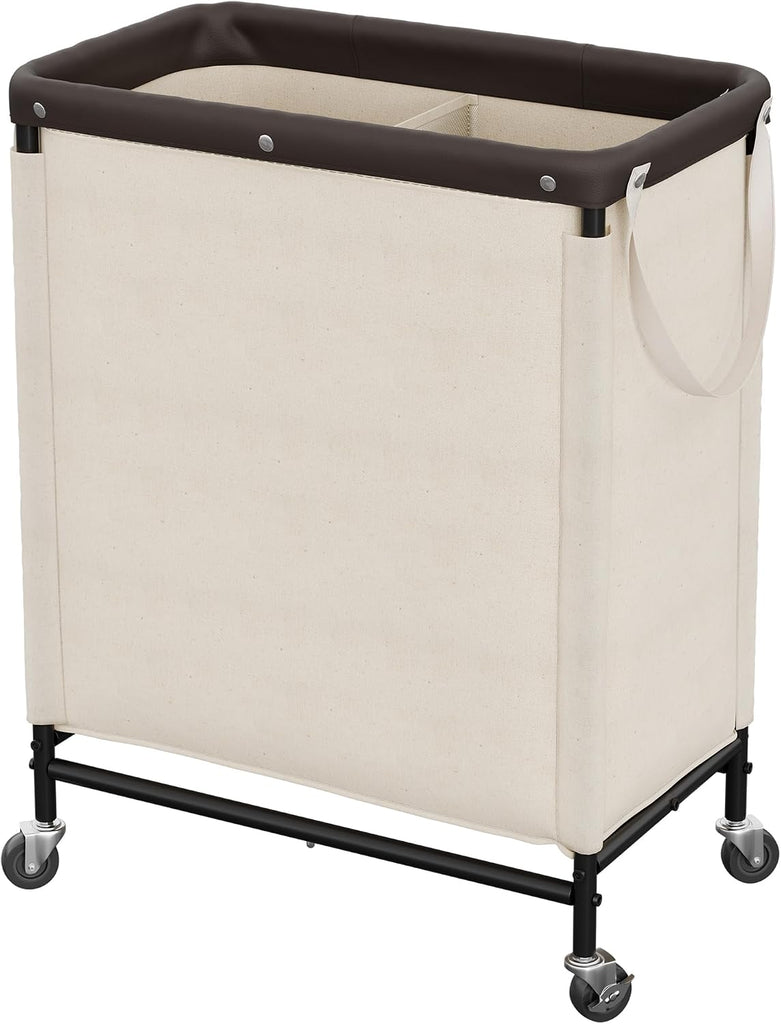 2 Section Laundry Hamper, 100L Beige Sorter Cart with Wheels