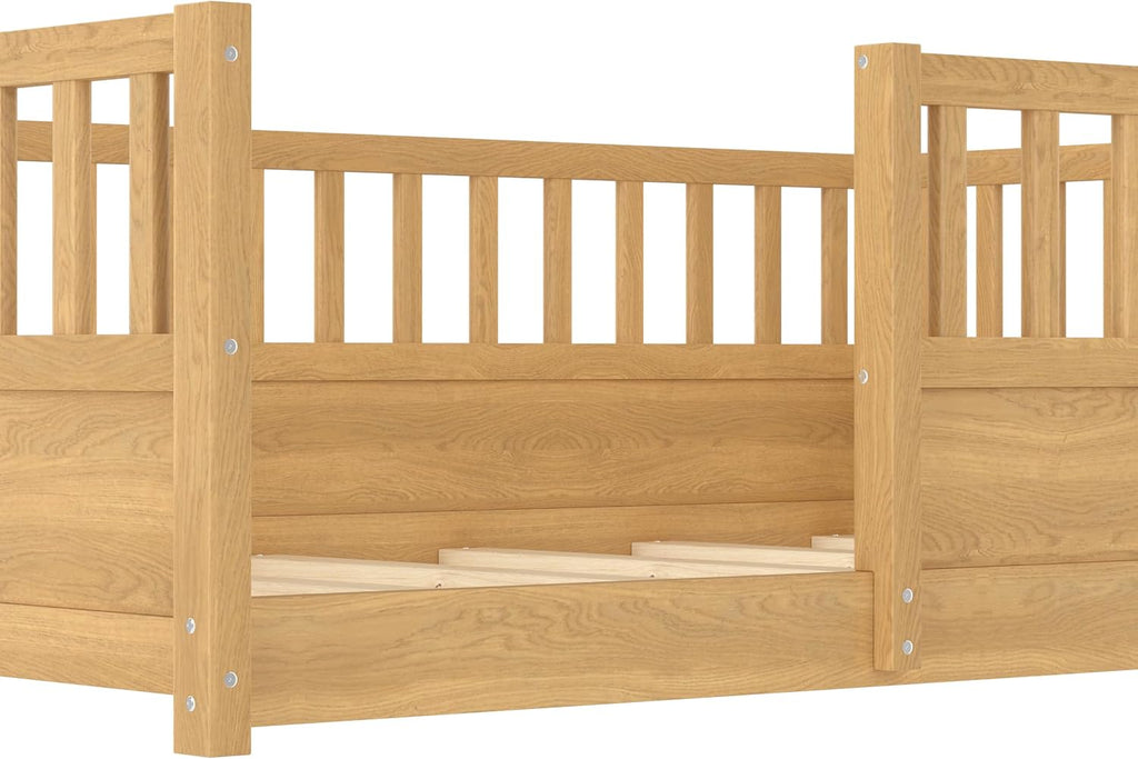 Full Size Floor Bed with High Fence, Wood Montessori Bed with Slats and Guardrails