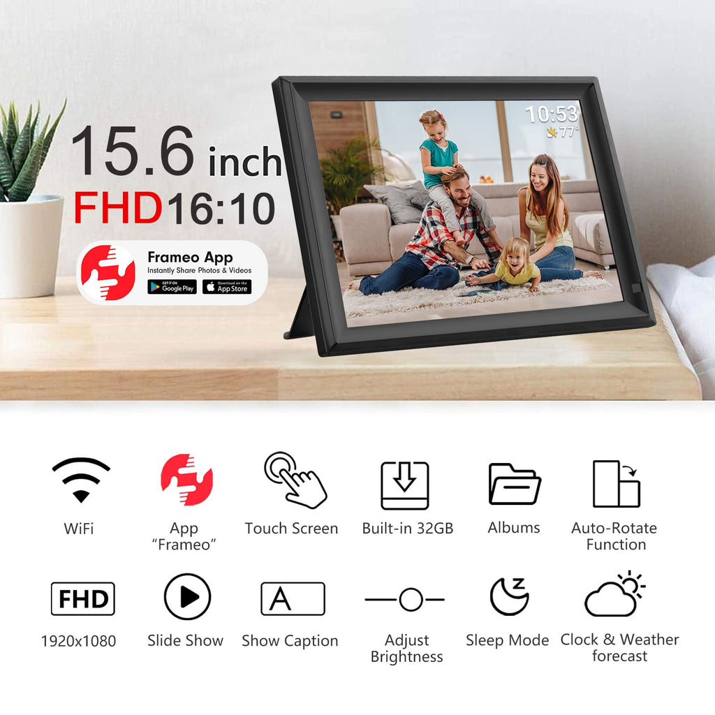 15.6 inch Digital Photo Frame with 1920x1080 FHD IPS LCD Touch Screen, Dual-WiFi Share Photos & Videos Via Frameo