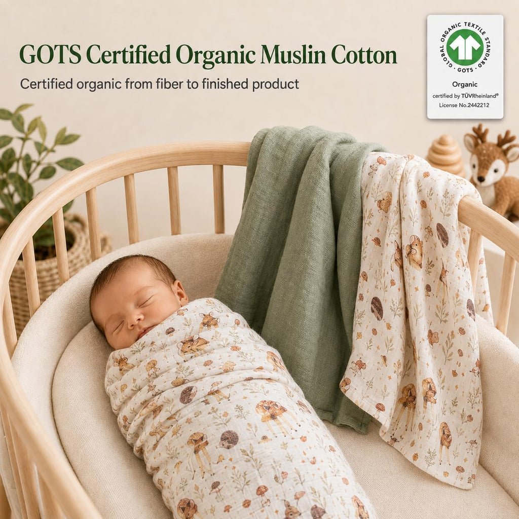 Certified Organic Muslin Swaddle Blankets, 2 Pack Baby Receiving Blankets, Soft Breathable Cotton Swaddles