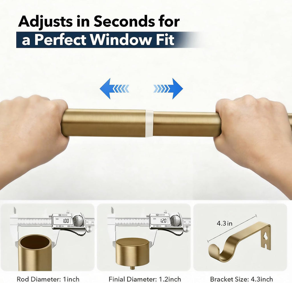 Heavy Duty Brush Gold Curtain Rods for Windows, 1 Inch Brass Curtain Rod Adjustable with Metal Modern
