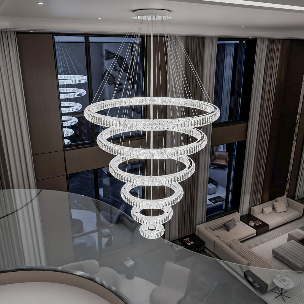 Modern Chandelier 8"+16"+24"+32"+40"+47" 6 Rings Crystal LED Dimmable Lighting Foyer Entryway High Ceiling Living