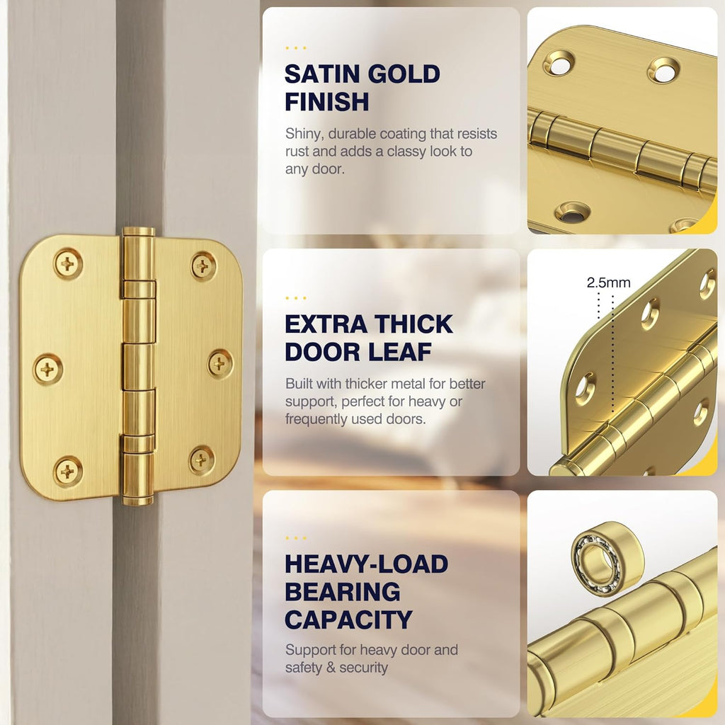 Ball Bearing Gold Door Hinges, 3.5 Inches Heavy Duty Stainless Steel Door Hinges, 5/8'' Radius Corner Hinges