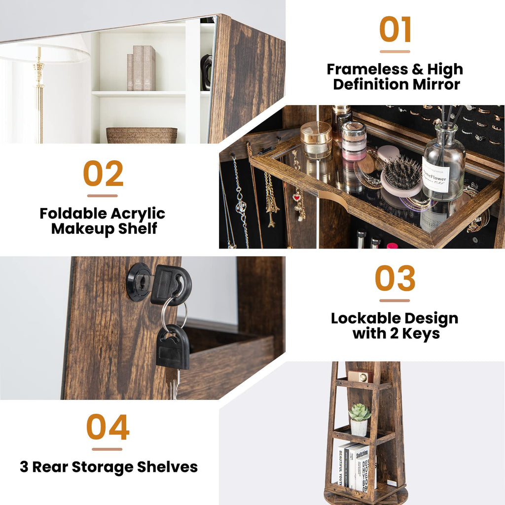 360° Swivel Jewelry Cabinet, Lockable Jewelry Organizer (Rustic Brown)