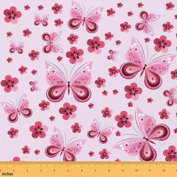 Pink Butterfly Fabric By The Yard, Japanese Cherry Blossom Upholstery