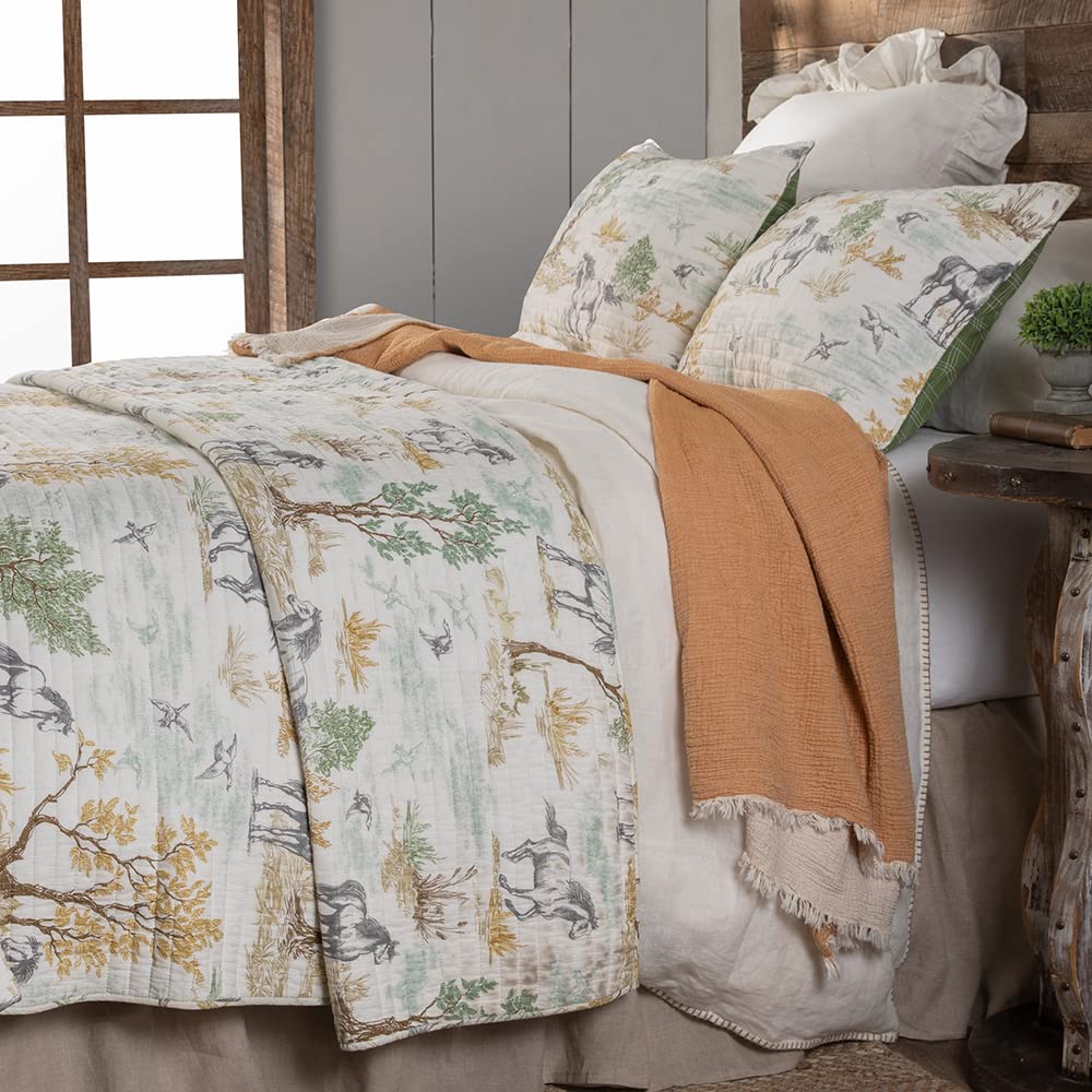 Graystone Meadow Full/Queen Quilt, Horse Toile Western Bedding, Reversible Cotton Bedspread, Green Gray Taupe Tan