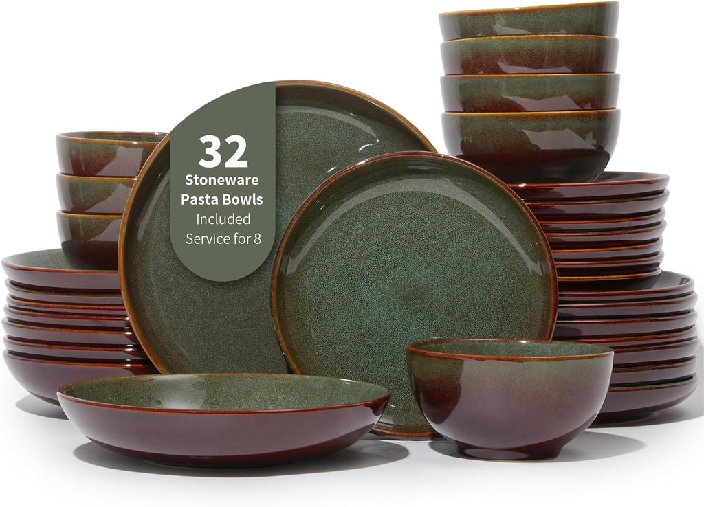 32 Piece Double Bowl Dinnerware Sets with Pasta Bowls, Highly Chip and Crack Resistant Plates and Bowls Sets