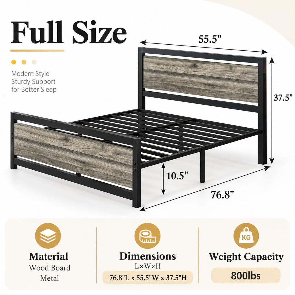 Full Bed Frame with Headboard, Under-Bed Storage, Wash Grey