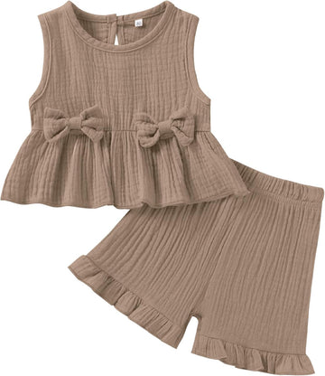 Toddler Baby Girl Clothes Cute Outfits Girls Linen Bow Tank Tops Ruffle Shorts Set Spring Summer Clothes for Kids