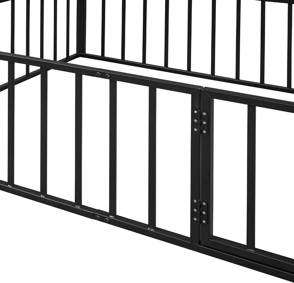 Floor Bed with Fence and Door, Heavy Duty Metal Montessori Floor Bed with Rails, Low-Profile Montessori