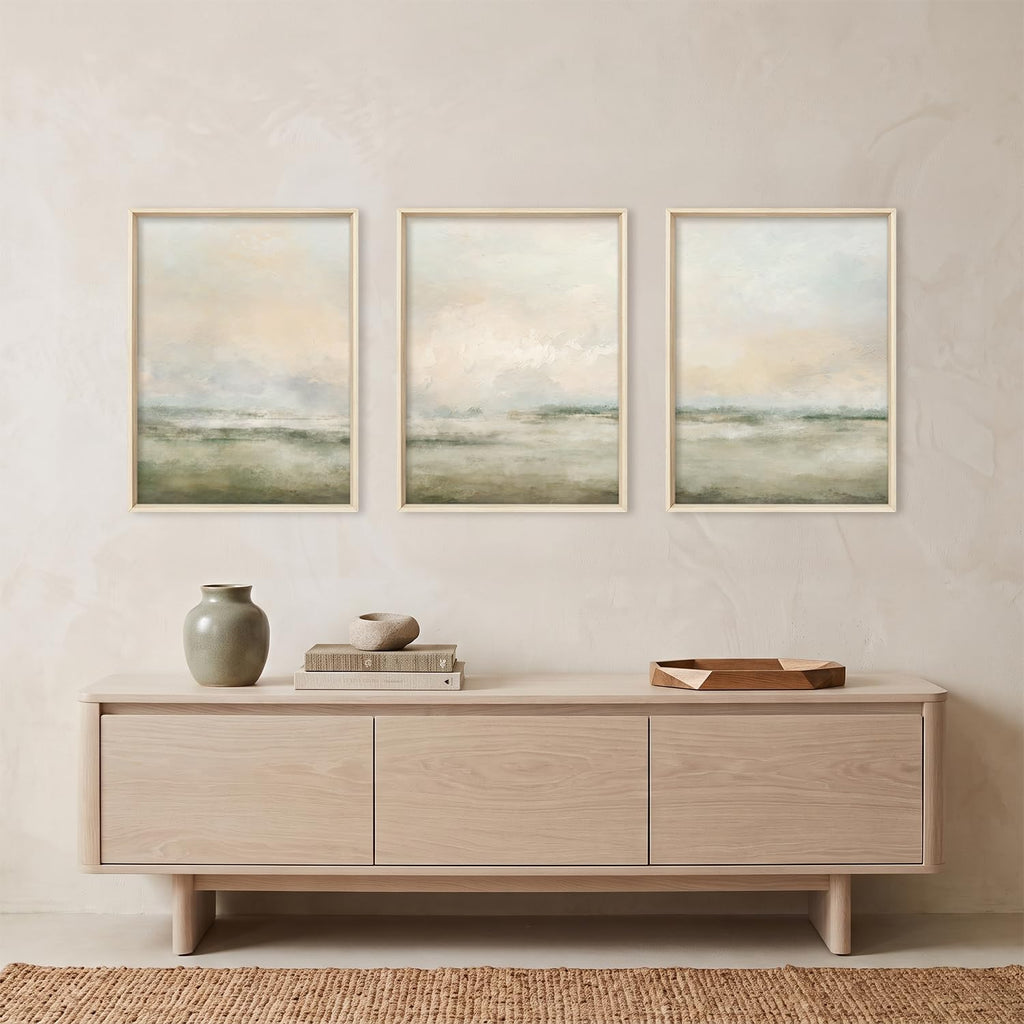 Abstract Beige Green Landscape Framed Canvas Wall Art Set- 12"x16"x3