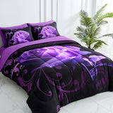 Purple Comforter Set King, Reversible Purple Rose 7 Pieces Bed in a Bag