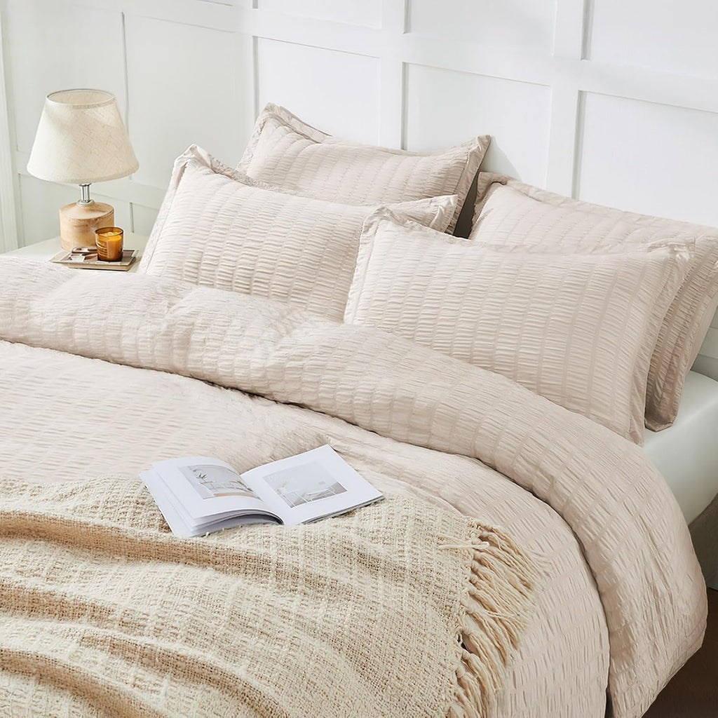 Beige Duvet Cover Queen, Super Soft Seersucker Queen Duvet Cover Set, 3-Piece Lightweight Duvet Cover with Zipper