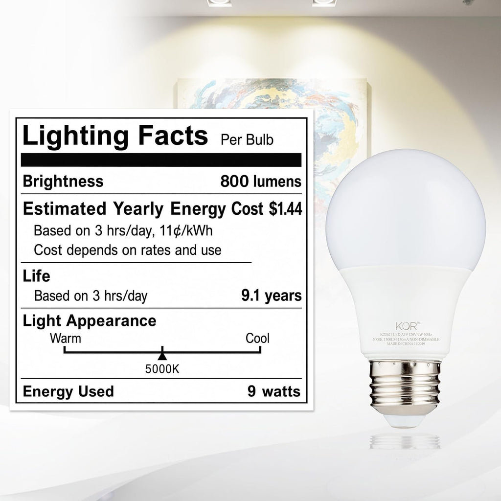 6 Pack A19 LED Light Bulb, 60W Equivalent, 5000K Bright White, 800 Lumens, Efficient 9 Watt Replacement Bulbs with