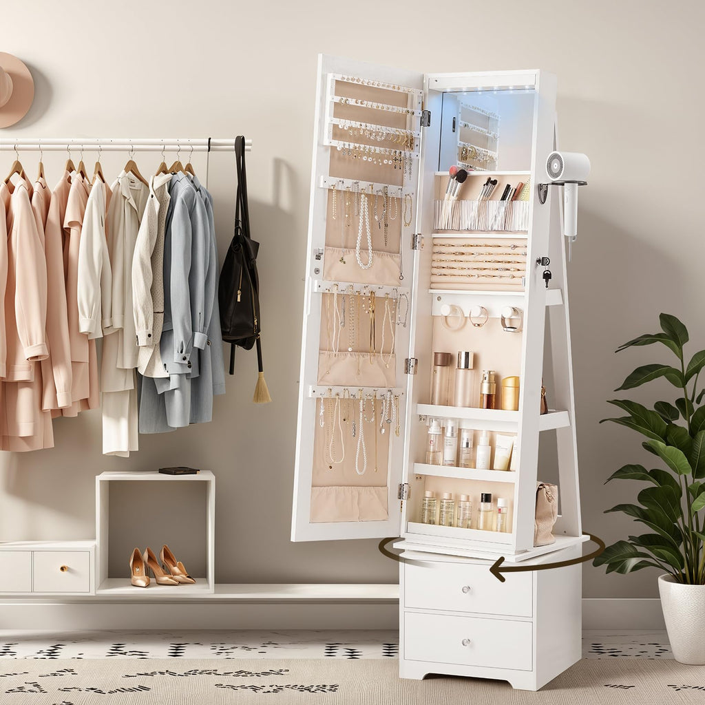 360° Swivel Jewelry Cabinet with LED Lights, Standing Jewelry Armoire with 2 Drawers, Rotatable Full-Length Mirror