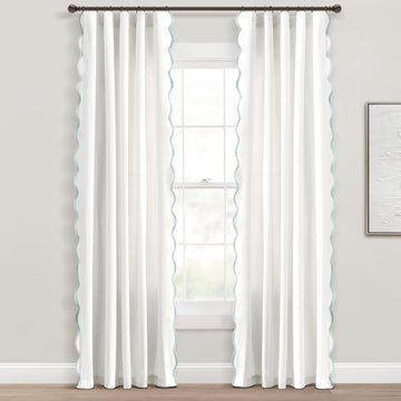 Coastal Chic Scalloped Edge Light Filtering Window Curtain Panels Pair, 52" W x 84" L, Blue & White - White Curtains