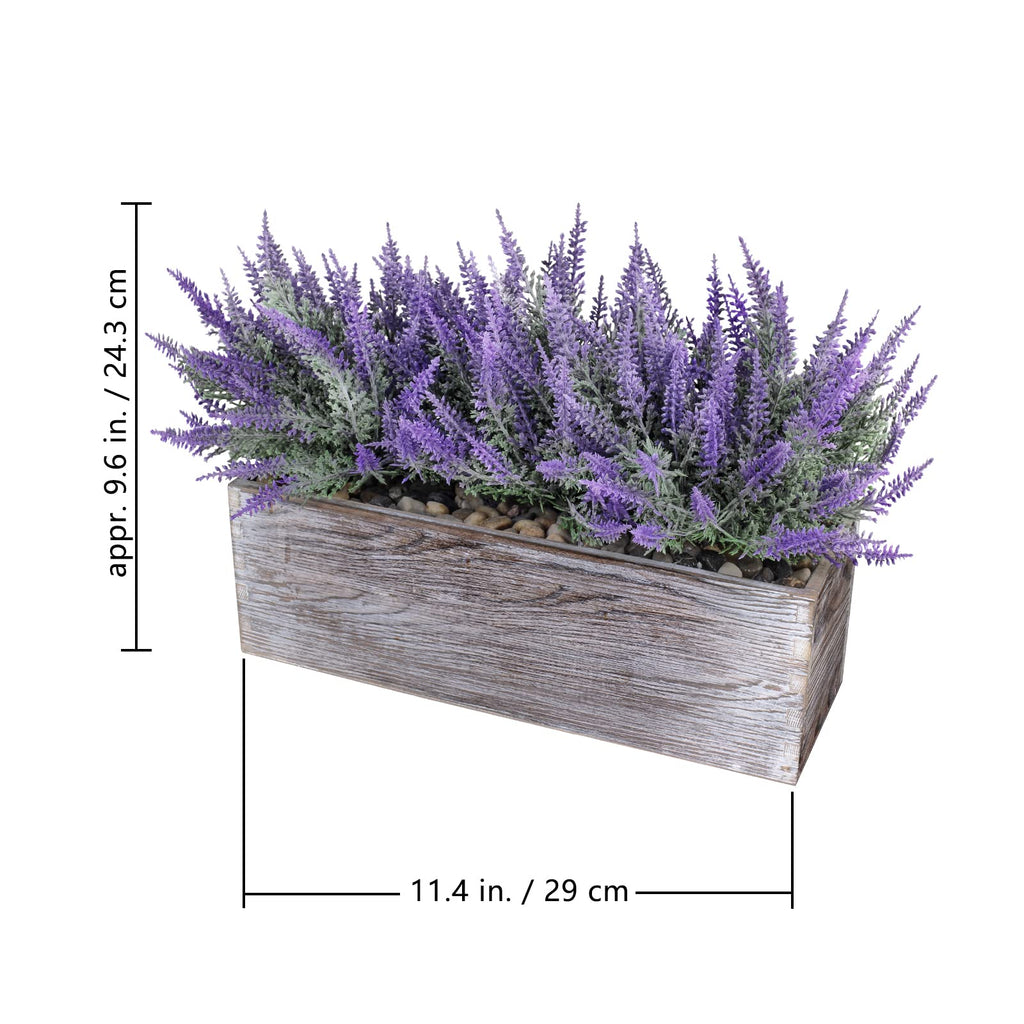 Fake Lavender Flower Arrangement in Rustic Rectangular Wood Planter Box Artificial Potted Lavender Plant for Gifts