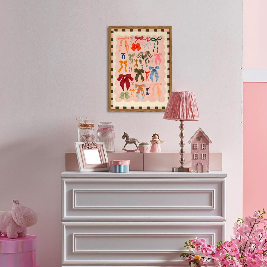 Framed Pink Wall Art, Coquette Colorful Bow Pictures Wall Decor, Trendy Preppy Paintings Canvas Prints Girly Home