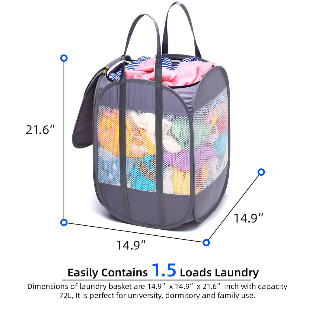 Pop-Up Laundry Hamper with YKK Zipper Lid, 1.5 Loads, Reinforced Handles