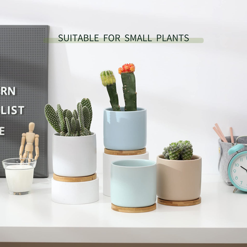 Succulent Pots, 4 Inch Ceramic Planter Plant Pot with Tray, Drainage Hole & Mesh Pad for Indoor Flowers, Cactus