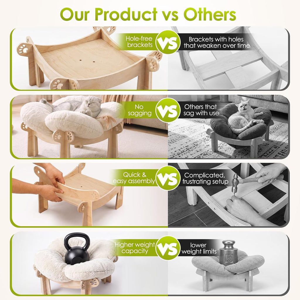Cat Beds for Indoor Cats, Elevated Wooden Cat Bed Soft Removable Cushion