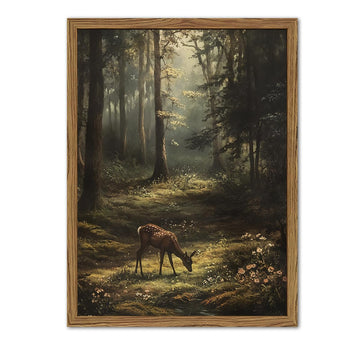 Framed Vintage Forest Deer Canvas Wall Art, Rustic Nature Landscape Paintings Wall Decor, Woodland Animal Pictures