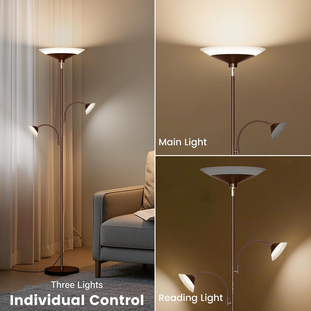 42W 3-Light Torchiere Floor Lamp, LED Tree Standing Lamp