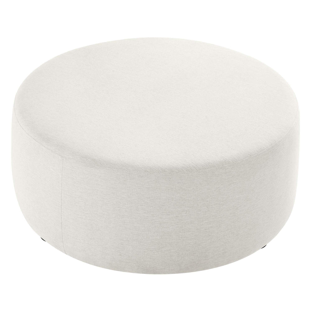 Callum 38 Inch Round Ottoman in Ivory Fabric - Heathered Woven Fabric - Versatile Upholstered Coffee Table and