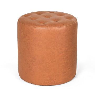 Round Footrest Ottoman Upholstered Tufted Leather Footstools Bedroom Entryway Home Office (Orange)