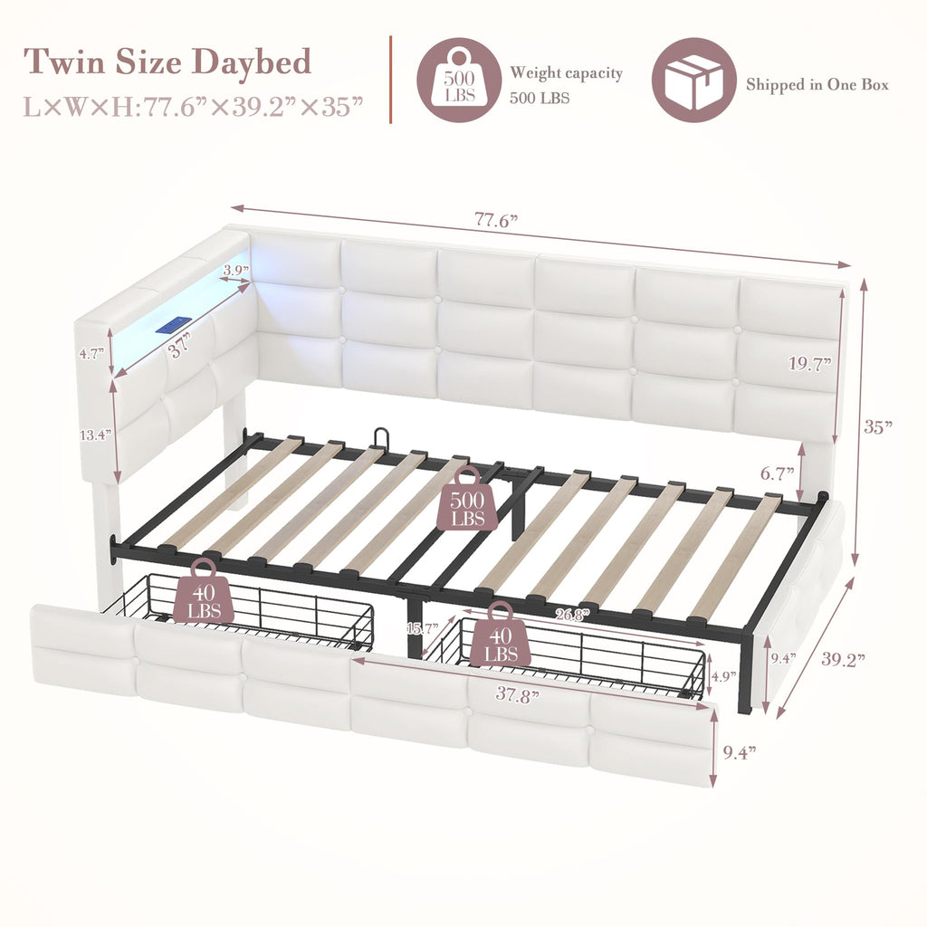 Twin Corner Bed with Storage and Led Lights, Upholstered Twin Size Daybed with Storage Drawers and Charging Station
