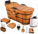 Cedar Wood Soaking Tub for Adults, Freestanding Wooden Bathtub with Lid & Steamer, Deep Japanese Style Bath Tub with