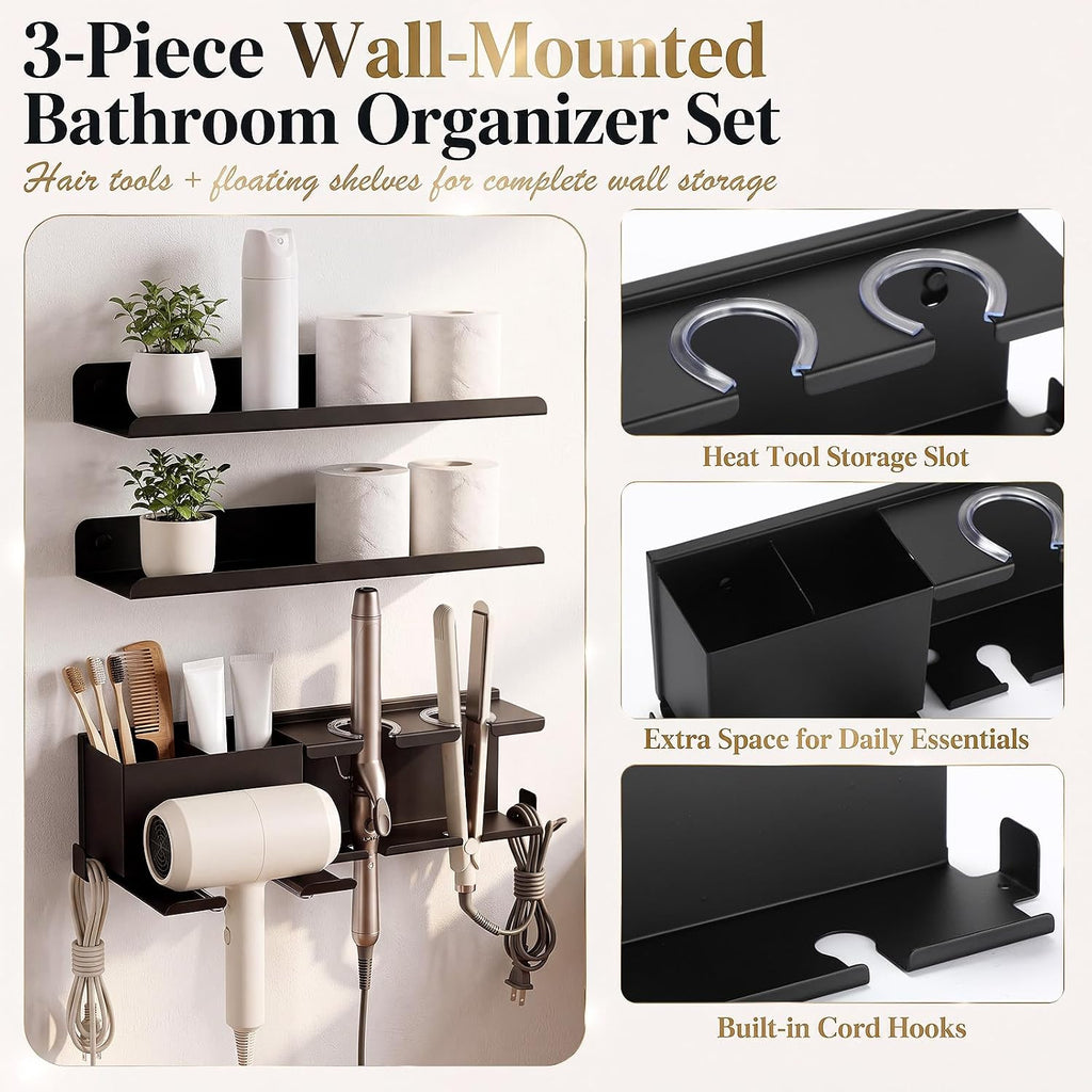 Set of 3 Hair Dryer Holder Wall Mounted with 2 Floating Shelves, 1 Metal Hair Tool Organizer for Blow Dryer, Curling
