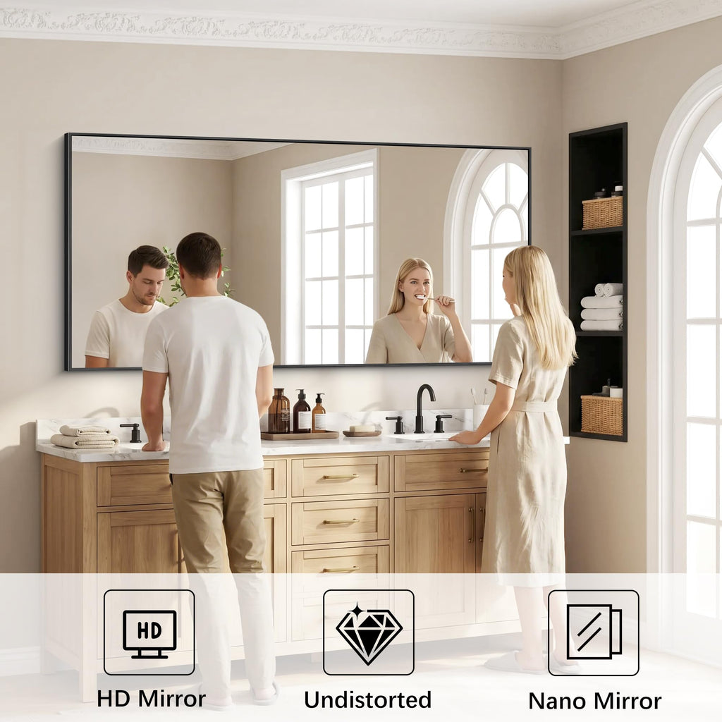 Black Bathroom Mirror for Wall, 72x36 Inch Rectangle Mirrors with Metal Frame, Modern Vanity Wall Mirror Decor Hangs
