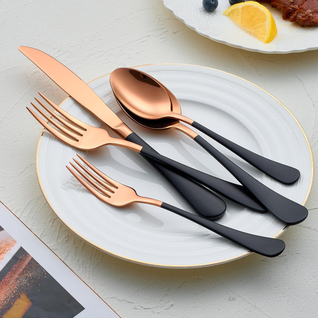Rose Gold and Black Silverware Sets for 4,Black Handle Stainless Steel Cutlery Set, Include Forks Spoons