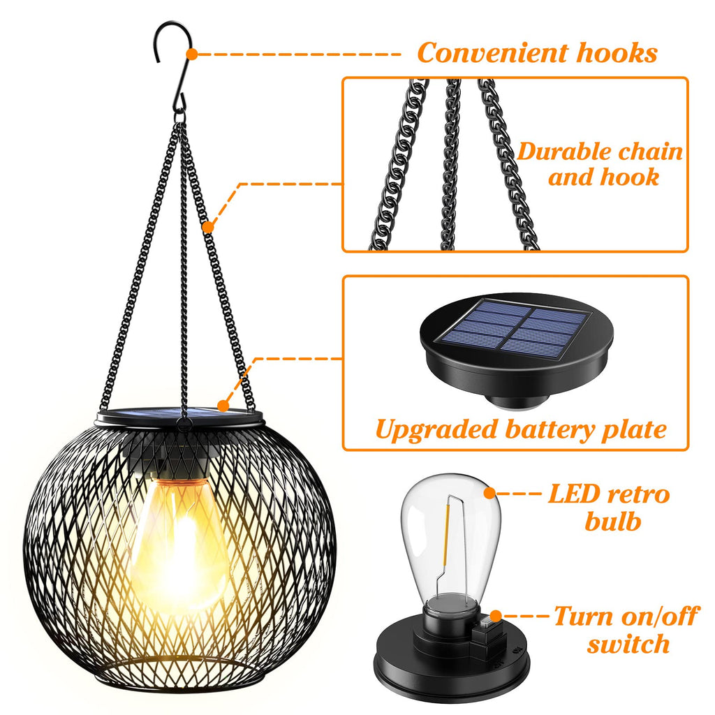 Solar Lantern Outdoor Waterproof, Hanging Solar Lights, 2 Pack, Black