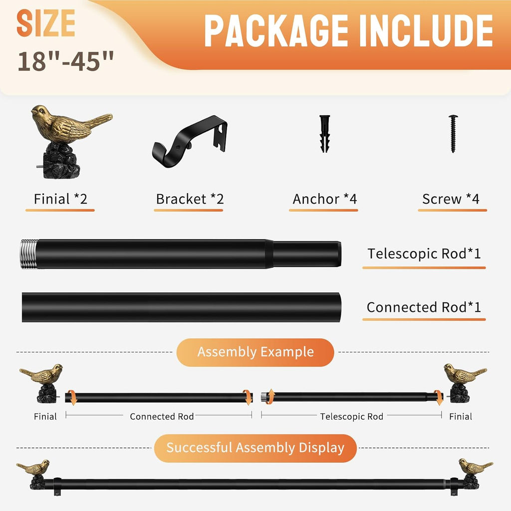 Bird Curtain Rod Black Curtain Rod with Gold Bird Finials Adjustable Heavy Duty Vintage Drapery Rod