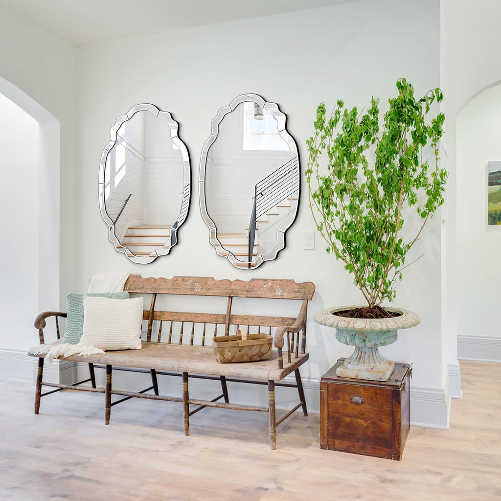 Modern Decorative Wall Mirror, 36'' x 24'' Scalloped Mirror with Beveled Glass Pieces, Large Wall Mirror, Mantel