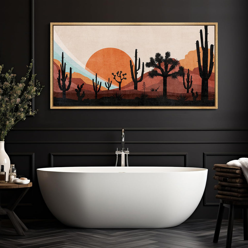 Extra Large Framed Canvas Print Wall Art Desert Sunset with Cacti Nature Wilderness Antique Retro Fine Art