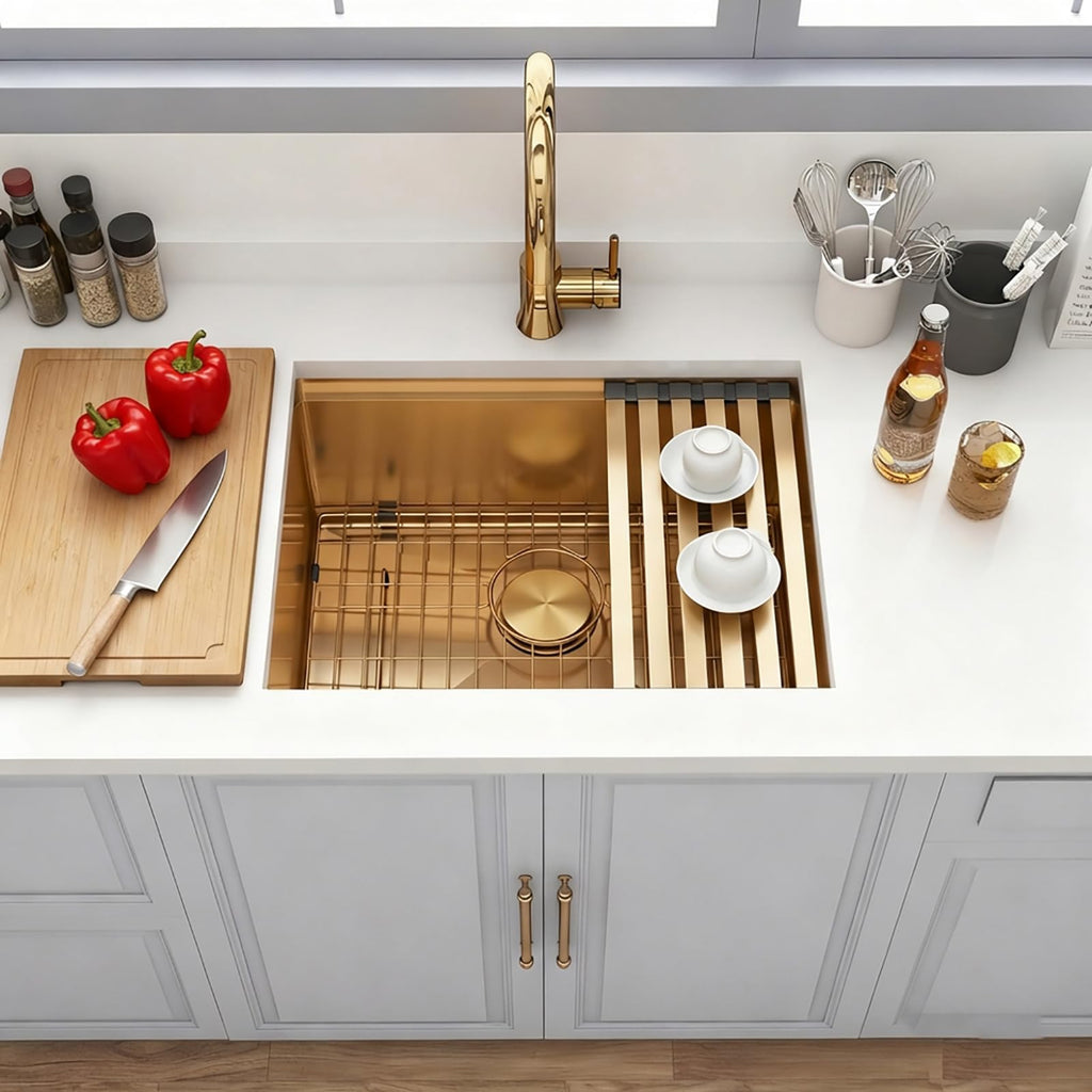 Gold Undermount Kitchen Sink 23 x 18 Inch, 16 Gauge T304 Stainless Steel Workstation Sink with Ledge & Accessories
